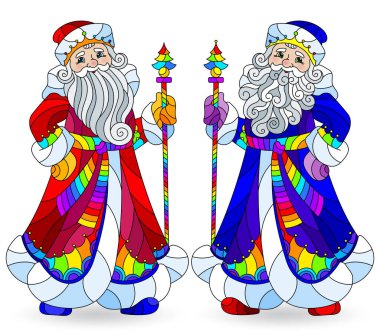 Beyaz arka planda izole edilmiş komik çizgi film Noel Baba figürleriyle boyalı cam tarzında çizimler.