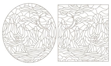 Göl kıyısında tapınakları olan dağlık doğu manzaraları ve beyaz arka planda koyu renk çizgileri olan boyalı cam şekilli çizimler.