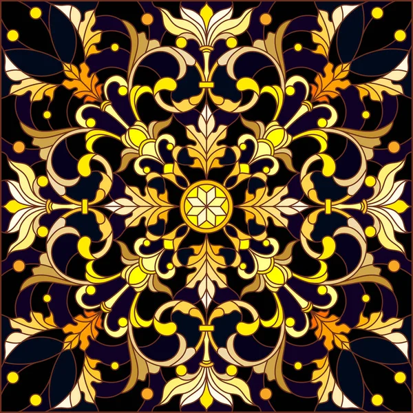 花の装飾が施されたステンドグラス風のイラスト 渦と花のモチーフが描かれた暗い背景に金の模倣 正方形のイメージ — ストックベクタ