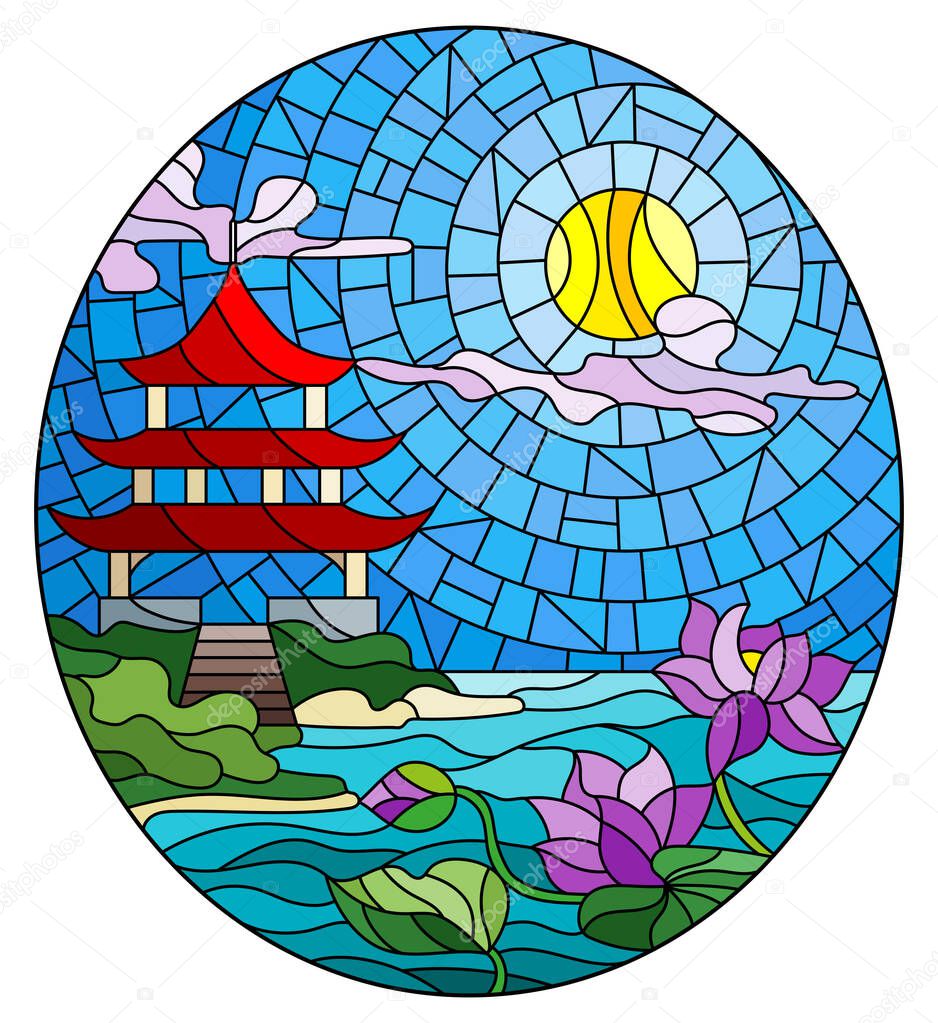 Illustration in stained glass style with a mountain landscape, an Eastern temple against the background of a Sunny sky and a lake with Lotus flowers