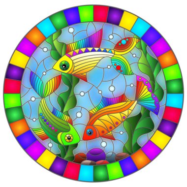 Su, alg ve alg arka planında parlak gökkuşağı balığının olduğu boyalı cam tarzında bir resim, parlak çerçevede oval resim