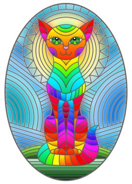 Soyut geometrik kedi ve soyut mavi arka planda güneş ile boyalı cam tarzında bir resim, oval resim