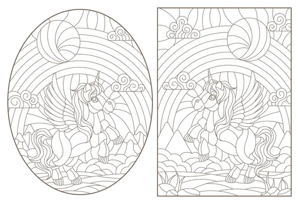 Set Ilustrații Contur Vitralii Unicorni Desene Animate Fundalul Peisajelor Cerului — Vector de stoc