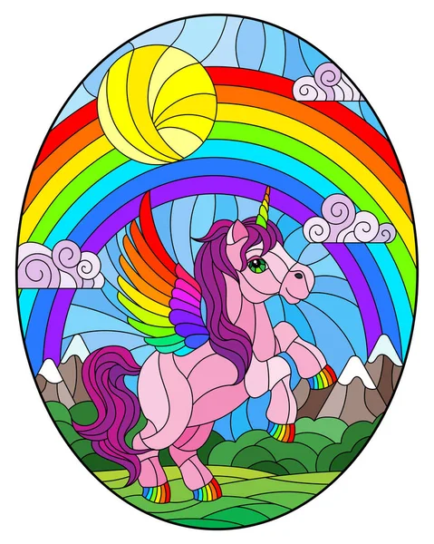 Ilustración Estilo Vidriera Con Unicornio Dibujos Animados Rosa Sobre Fondo — Vector de stock