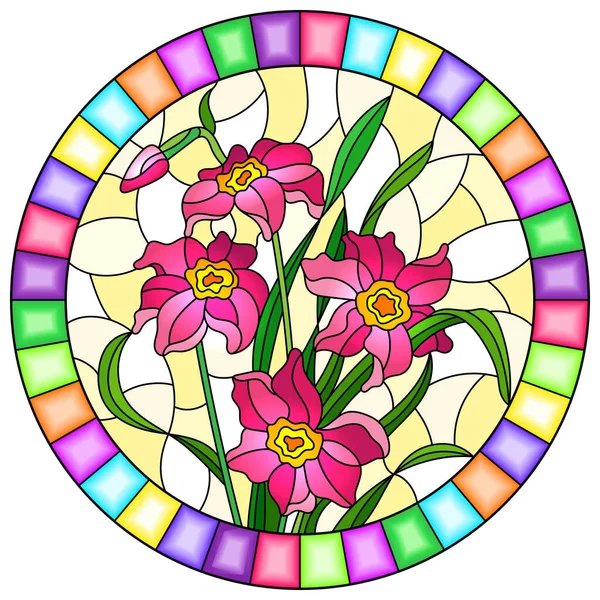 Иллюстрация Витражном Стиле Розовыми Цветами Желтом Фоне Яркой Рамке Круглое — стоковый вектор