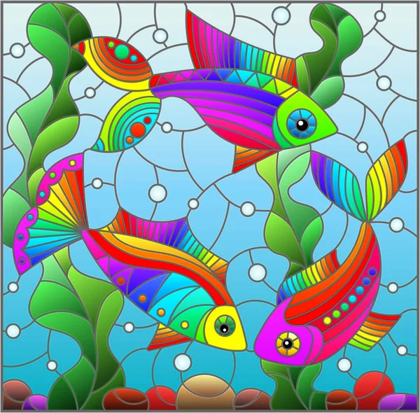 Illustration Stained Glass Style Bright Rainbow Fish Background Water Bottom — Stock Vector