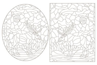 Orman manzarasının arka planında vahşi geyikleri olan boyalı camların çizimleri, beyaz arka planda koyu hatlar.