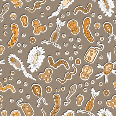 Hastalık ve ilaç, bakteri ve virüsler, simge etiketleri, kahverengi palet temasındaki kusursuz desen