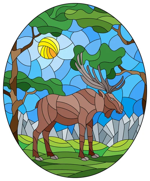 Illustration Glasmalereistil Mit Wildem Elch Vor Dem Hintergrund Von Bäumen — Stockvektor