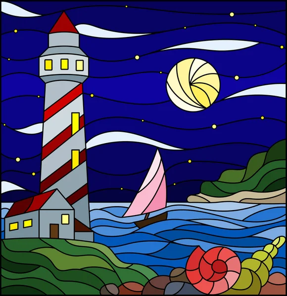 Illustration Glasmalereistil Mit Meereslandschaft Leuchtturm Und Segelboot Vor Dem Hintergrund — Stockvektor