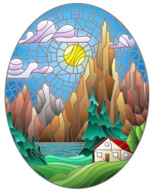 Çam ormanlarının, göllerin, dağların ve bulutlu gündüz güneşli gökyüzünün arka planında yapayalnız bir evin olduğu vitray tarzı bir resim.