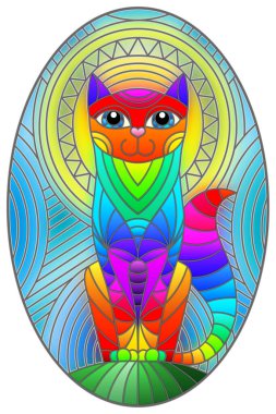 Soyut geometrik kedi ve soyut mavi arka planda güneş ile boyalı cam tarzında bir resim, oval resim