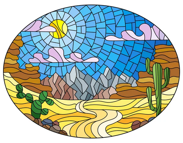 Illustration Stained Glass Style Painting Desert Landscape Cactus Lbackground Dunes — Stock Vector