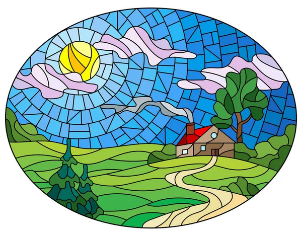 Illustration Färgat Glas Landskap Med Ett Ensamt Hus Mitt Fält — Stock vektor