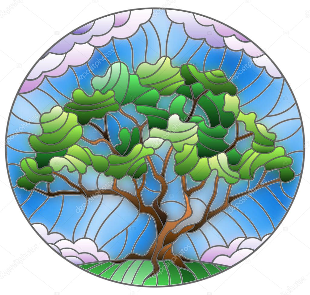 Illustration in stained glass style with green tree on sky background,oval image