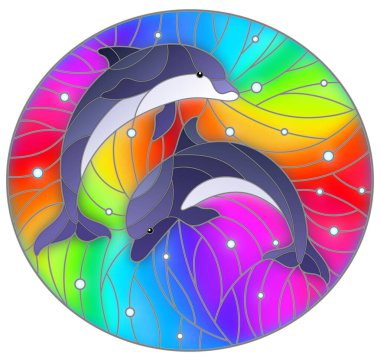 Gökkuşağı arka planında iki yunus ve hava kabarcıkları olan boyalı cam tarzında bir resim.