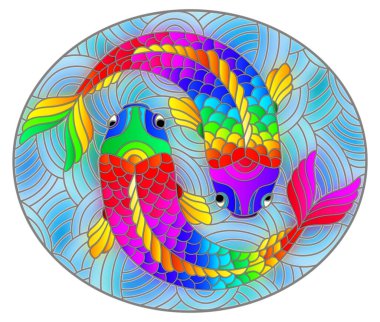 Mavi arka planda soyut parlak gökkuşağı balıklarıyla renklendirilmiş cam tarzı resim, oval resim