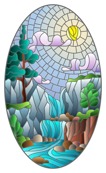 Иллюстрация Витражном Стиле Пейзажа Дерево Фоне Водопада Горы Солнца Неба — стоковый вектор
