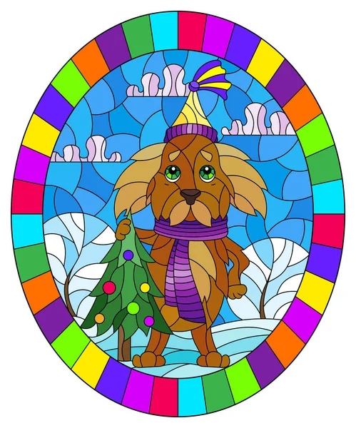 Ілюстрація Вітражному Стилі Тему Зимових Канікул Милий Мультяшний Собака Тлі — стоковий вектор