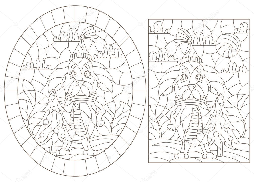 Set of contour illustrations of stained glass Windows on the theme of winter holidays, funny cartoon dogs on the background of winter landscapes, dark outlines on a white background