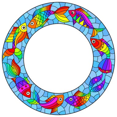 Mavi arka planda parlak çerçeveli, gökkuşağı soyut balıklarıyla boyalı cam tarzında bir resim