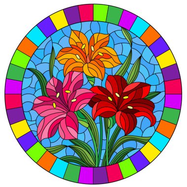 Mavi arkaplanda parlak zambakların çiçek, yaprak ve tomurcukları, parlak bir çerçeve içinde yuvarlak bir görüntü ile boyalı cam tarzında cazibe