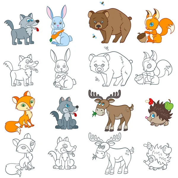 Conjunto Ilustrações Com Animais Floresta Animais Brilhantes Contornos Isolados Sobre — Vetor de Stock