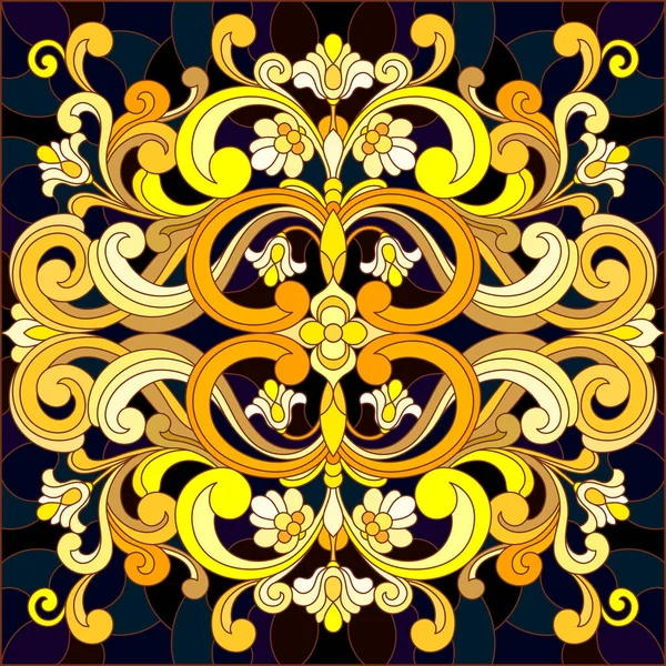 花の装飾が施されたステンドグラス風のイラスト 渦と花のモチーフが描かれた暗い背景に金の模倣 正方形のイメージ — ストックベクタ