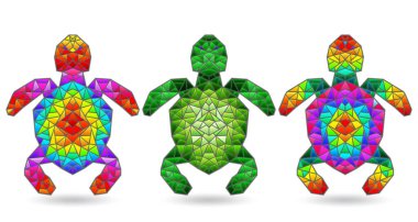 Beyaz bir zemin üzerinde izole edilmiş parlak kaplumbağalarla boyalı cam tarzında çizimler.