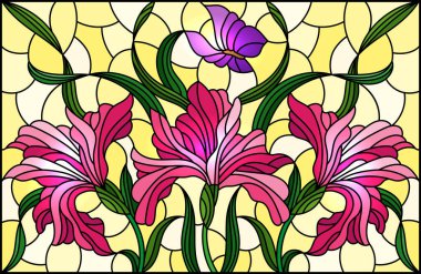 Sarı arka planda pembe süsen çiçekleri ve mor kelebeklerle boyalı bir resim.