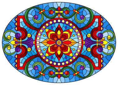 Soyut girdapları, çiçekleri ve yaprakları sarı arka planda, yatay yönelimi, oval görüntüsü olan boyalı cam tarzında resimleme