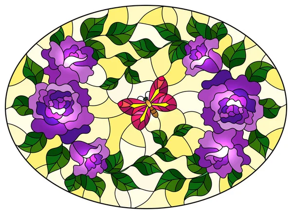黄色の背景に花や葉のステンドグラスやピンクの蝶のイラスト 楕円形のイメージ — ストックベクタ