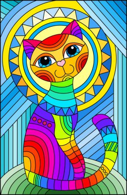 Soyut bir geometrik gökyüzü ve güneşin arka planında parlak bir gökkuşağı kedisi olan boyalı cam tarzı bir resim, dikdörtgen bir görüntü.