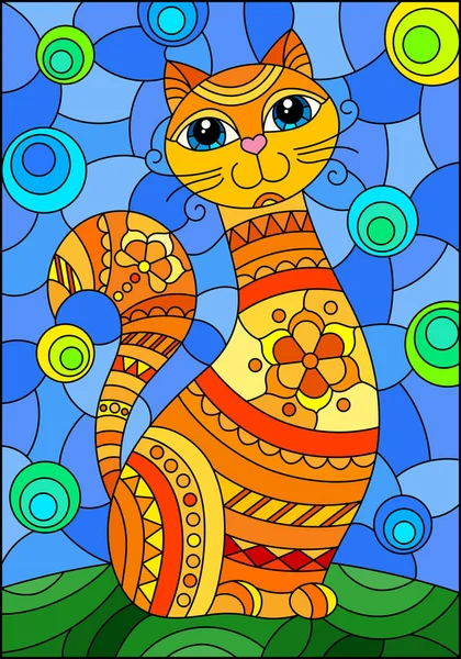 Ilustração Estilo Vitral Com Gato Vermelho Bonito Abstrato Fundo Azul —  Vetores de Stock