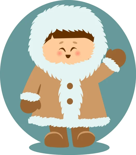 Eskimo kid winkt hallo isolierte Illustration — Stockvektor