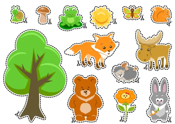 Animales del bosque y elementos de diseño del bosque lindo — Vector de stock