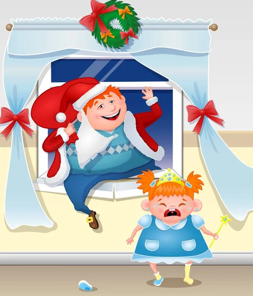 Berusad pappa klädd som Santa klättrar ut genom fönstret med gåvor. Rödhåriga dotter gråter. — Stock vektor