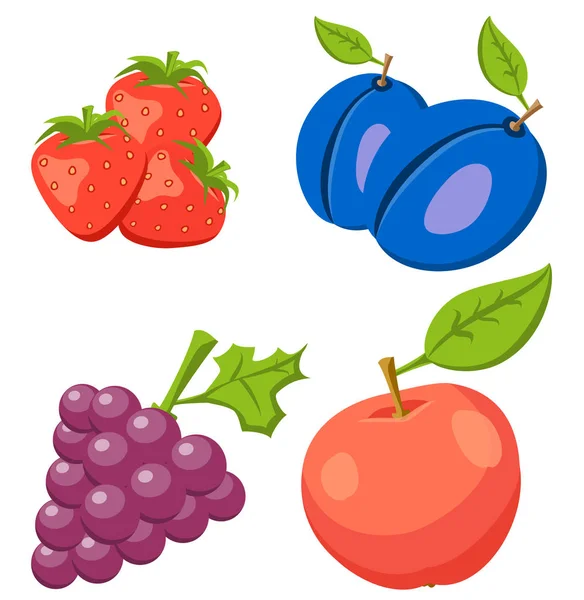 Set de Fresa, Pulm, Manzana, Uva. Fruto aislado sobre fondo. Iconos frutas . — Vector de stock