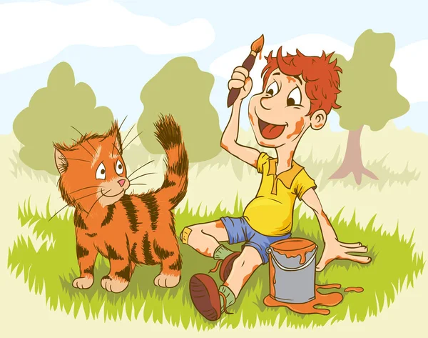 Artist Boy Painting On Red Cat. Creative People Professions Pollection. — Stock Vector