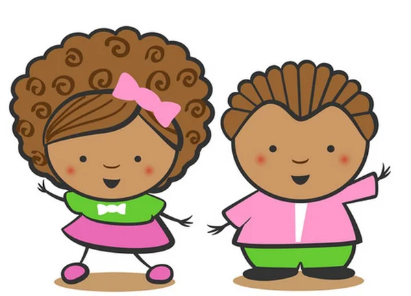 African American Children Black Boy And A Black Girl With Dreadlocks Hold Hands (en inglés). Niños negros jugando y bailando . — Vector de stock