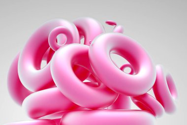 Üç boyutlu soyut resim 3D kompozisyon gerçeküstü uçuş yerçekimi yok 3D donut halkaları ya da yumuşak pembe kauçuk torus ya da açık gri arka planda plastik malzeme