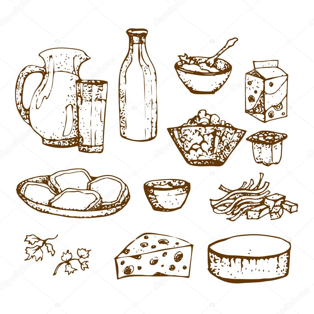 Set of dairy products hand drawn, sketches foods. Icons cooking. to design menus, books of recipes, packaging, parts for coloring. isolated vector. vintage.  Healthy Eating. 