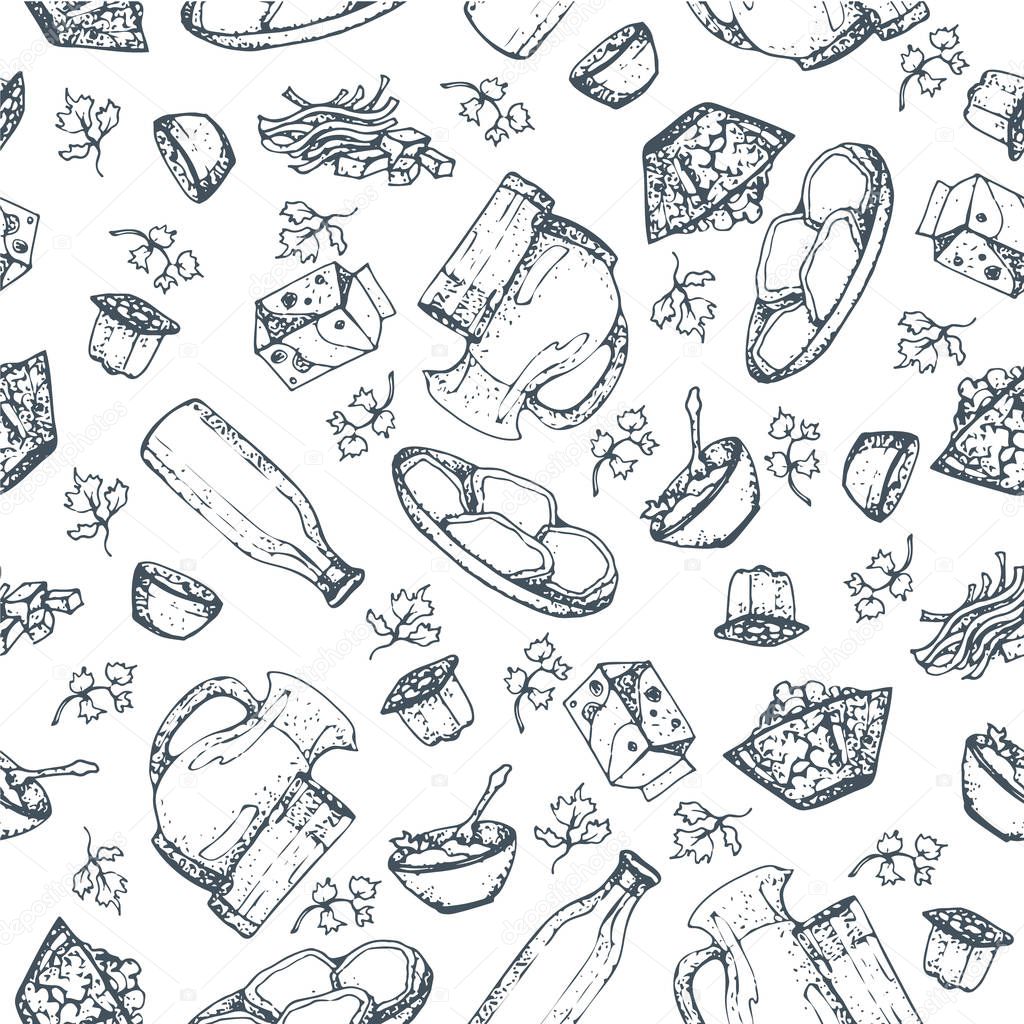 Seamless pattern dairy products, hand drawn, sketches foods. Icons cooking. To design menus, books of recipes, packaging, parts for coloring. Isolated vector. Vintage. 