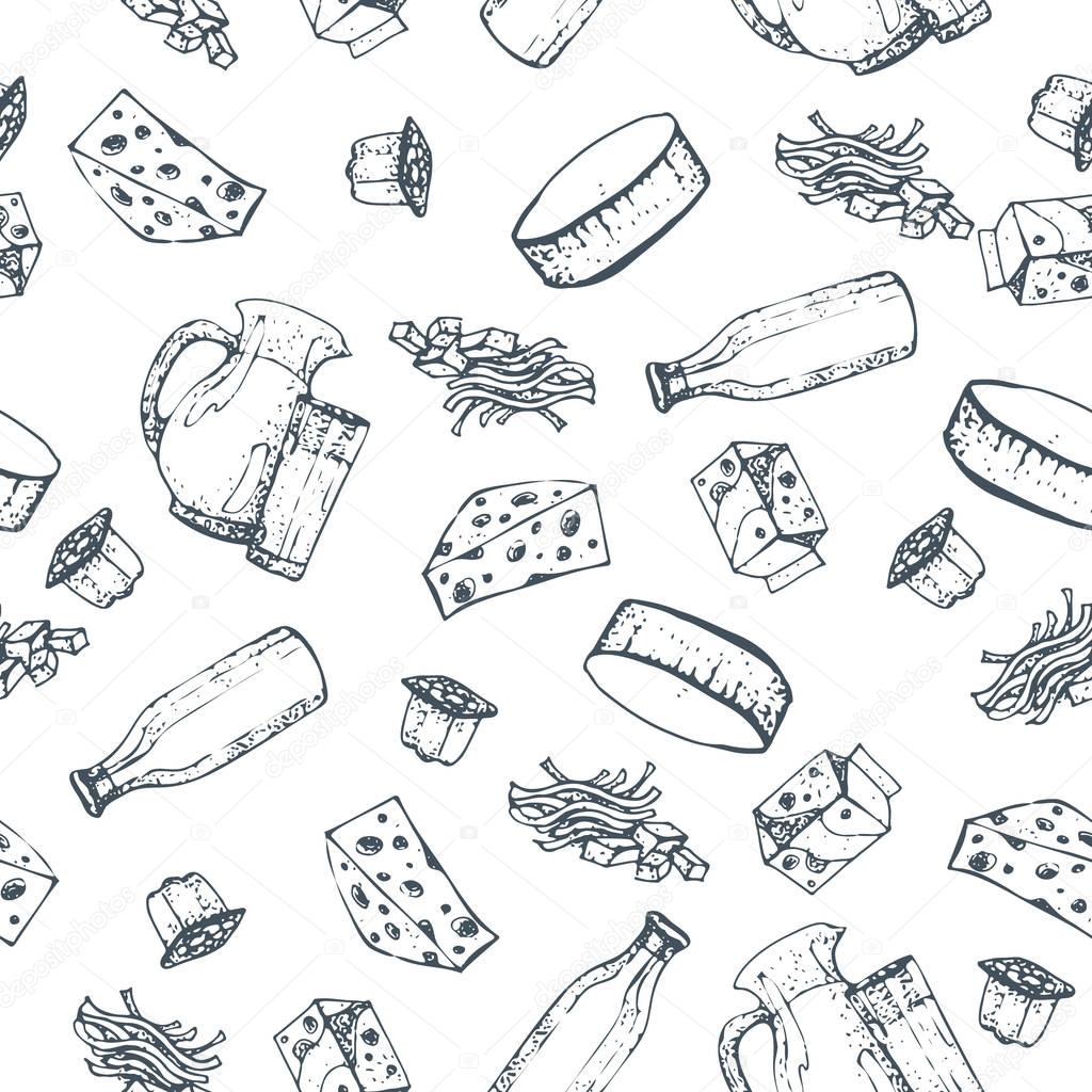 Seamless pattern dairy products, hand drawn, sketches foods. Icons cooking. To design menus, books of recipes, packaging, parts for coloring. Isolated vector. Vintage. 