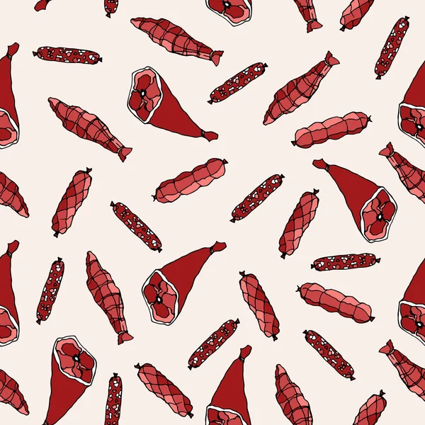 Et ürün seamless modeli. Gıda. Elle çizilmiş. Bbacon, dilimlenmiş sosis, sucuk, baharatlı sucuk, sosis, salam parça füme. Tekstil, kumaş, Restoran, et dükkanı için arka plan.