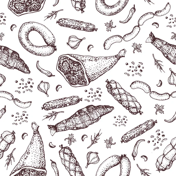 Meat product with spices seamless pattern. Food. Hand drawn. Ready sausage, bacon, sliced saveloy, sausage, spicy pepperoni, smoked sausages, stick of salami, baked meatloaf, frankfurters, ham, beaf. — Stock Illustration Meat product with spices seamless pattern. Food. Hand drawn. Ready sausage, bacon, sliced saveloy, sausage, spicy pepperoni, smoked sausages, stick of salami, baked meatloaf, frankfurters, ham, beaf. Stock Vector