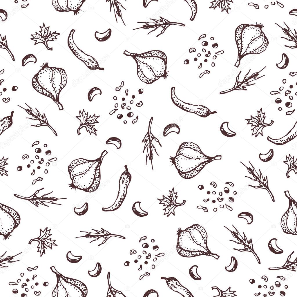 Spices seamless pattern on a white background.Pparsley, garlic, cloves, pepper. Background for textile, fabric, restaurant, shop.