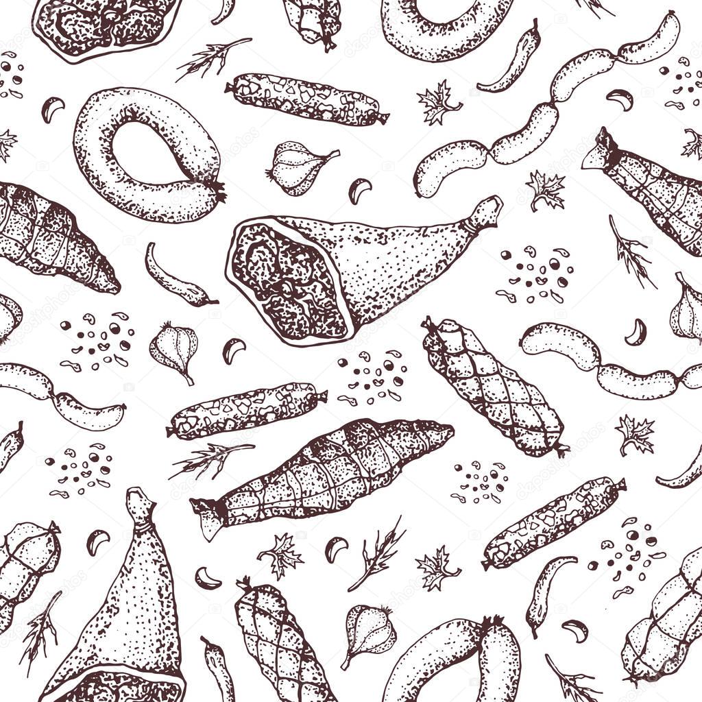Meat product with spices seamless pattern. Food. Hand drawn. Ready sausage, bacon, sliced saveloy, sausage, spicy pepperoni, smoked sausages, stick of salami, baked meatloaf, frankfurters, ham, beaf. 