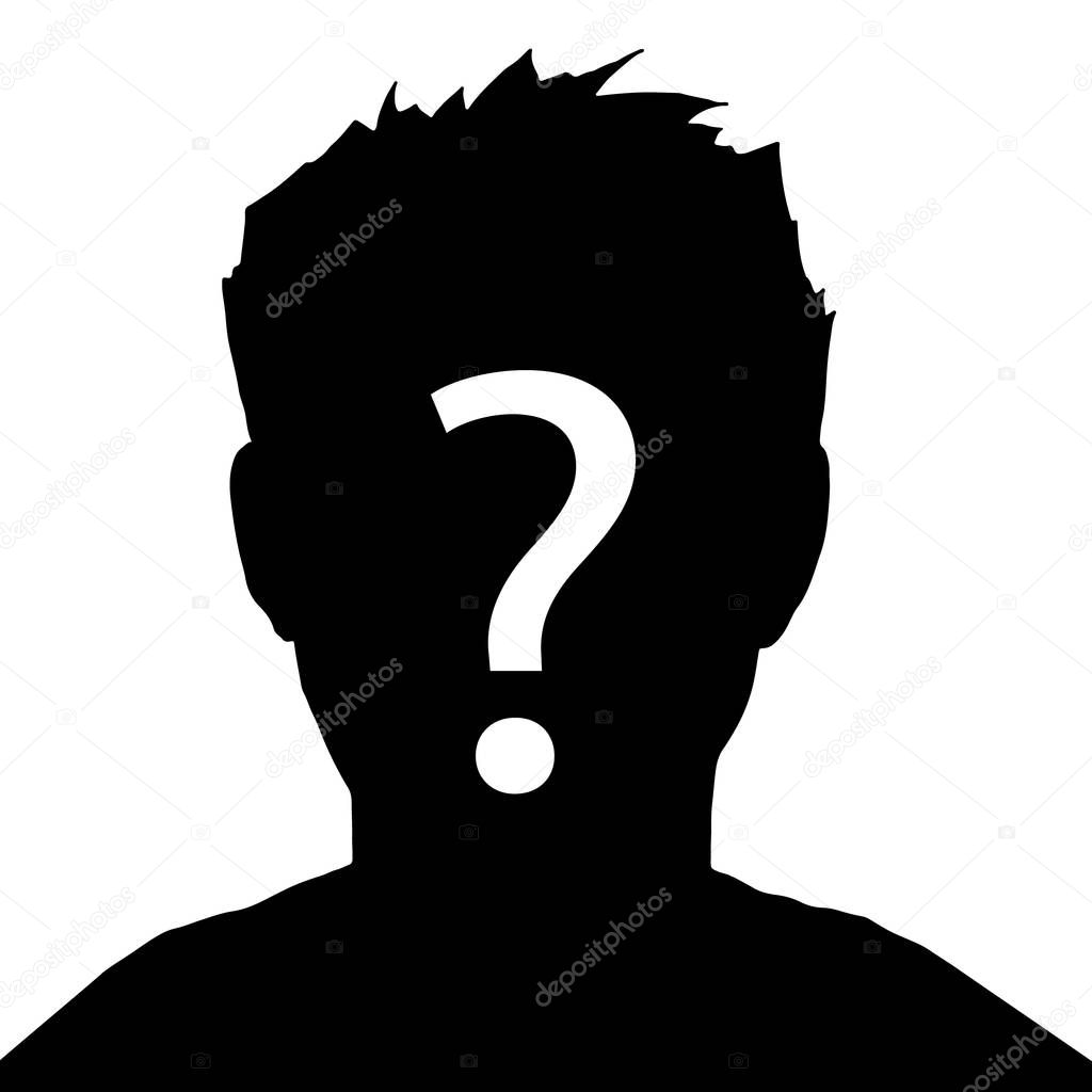 Vector illustration male silhouette profile picture with question mark on the head. Businessman icon.  Incognito, unknown person, silhouette of man on white background