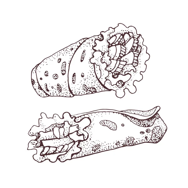 Hand Getekend Vectorillustratie Van Döner Kebab Roll Roll Fastfood Kebab — Stockvector